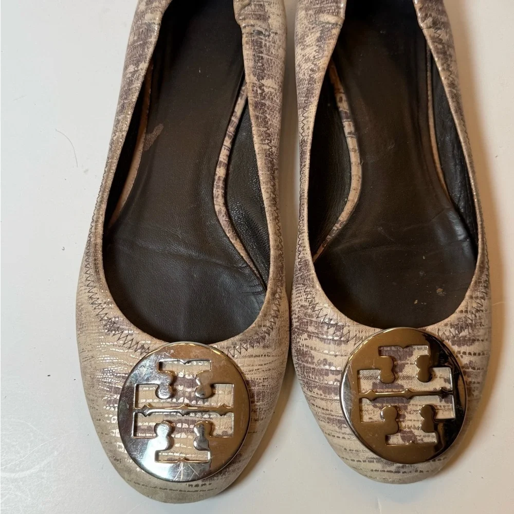 Tory Burch Snakeskin Brown Ivory Beige Leather Ballet Flats Shoes 8